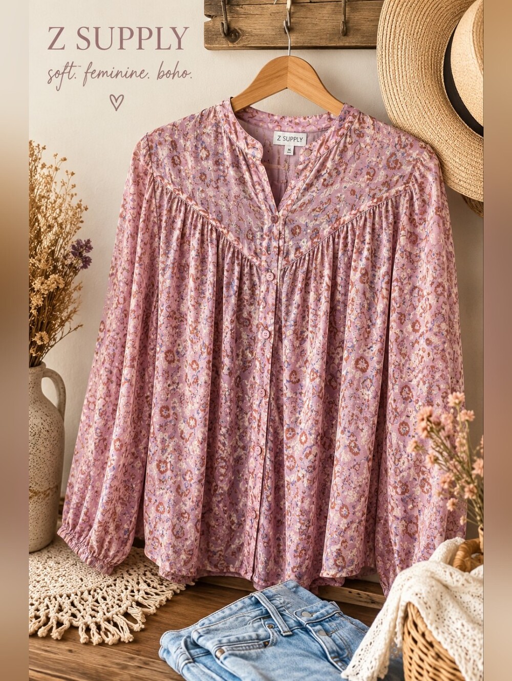 Z Supply Lavender Pink Floral Button-Front Boho Blouse